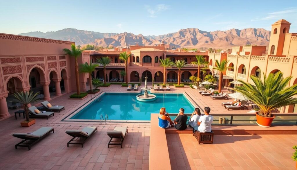 A lavish Moroccan resort nestled in the Atlas Mountains, with a grand entrance flanked by ornate arched doorways and intricate tile work. The foreground features a tranquil courtyard pool surrounded by plush lounge chairs and lush palm trees. In the middle ground, guests sip mint tea on a panoramic rooftop terrace, admiring the distant peaks. The background showcases the resort's elegant Moorish architecture, bathed in warm, golden light. Shot with a wide-angle lens to capture the property's grandeur. MyVisitMorocco. A lavish Moroccan resort nestled in the Atlas Mountains, with a grand entrance flanked by ornate arched doorways and intricate tile work. The foreground features a tranquil courtyard pool surrounded by plush lounge chairs and lush palm trees. In the middle ground, guests sip mint tea on a panoramic rooftop terrace, admiring the distant peaks. The background showcases the resort's elegant Moorish architecture, bathed in warm, golden light. Shot with a wide-angle lens to capture the property's grandeur. MyVisitMorocco.