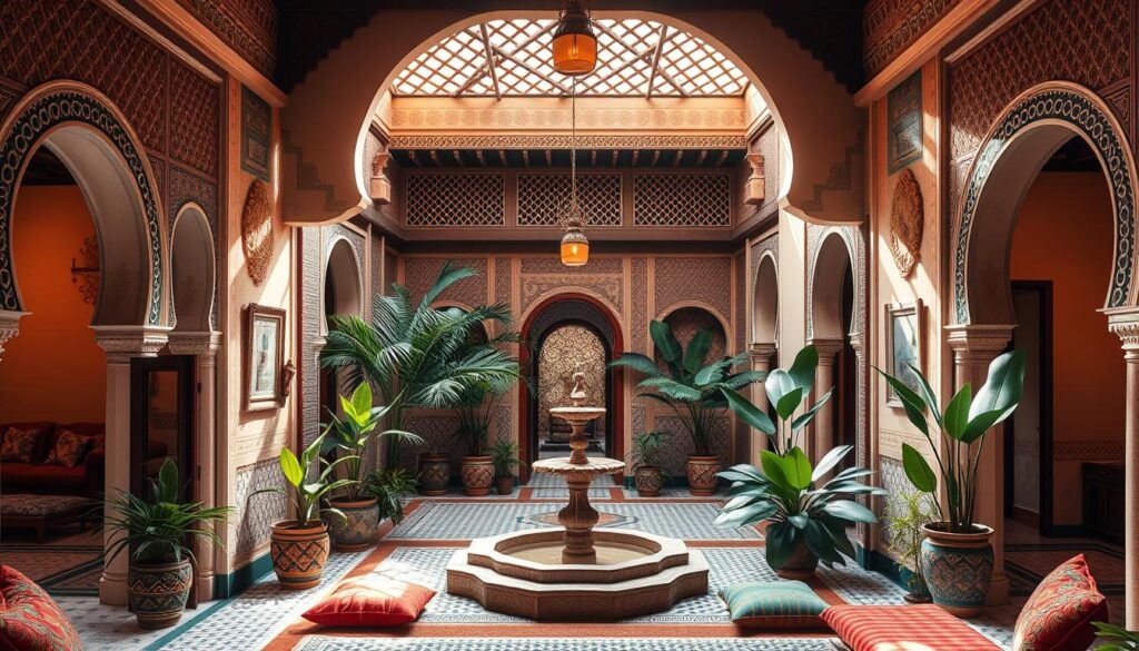 A lavish Moroccan riad interior, featuring ornate arched doorways, intricate mosaic tiles, and a central courtyard with a serene fountain. Warm, diffused lighting filters through the geometric latticework above, casting gentle shadows across the scene. Lush potted plants and plush, colorful cushions create a cozy, inviting atmosphere. MyVisitMorocco A lavish Moroccan riad interior, featuring ornate arched doorways, intricate mosaic tiles, and a central courtyard with a serene fountain. Warm, diffused lighting filters through the geometric latticework above, casting gentle shadows across the scene. Lush potted plants and plush, colorful cushions create a cozy, inviting atmosphere. MyVisitMorocco