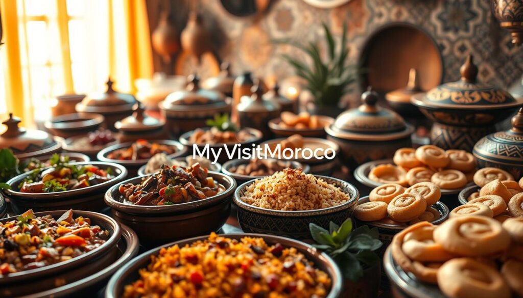 A lavish display of authentic Moroccan cuisine, captured in stunning detail. In the foreground, a vibrant array of traditional dishes - fragrant tagines brimming with slow-cooked meats, vegetables, and aromatic spices; delicate couscous adorned with dried fruits and nuts; flaky pastries filled with sweet almond paste. The middle ground showcases the rich, earthen tones of Moroccan ceramics, intricately patterned with intricate geometric designs. In the background, a backdrop of warm, diffused lighting evokes the cozy ambiance of a Moroccan kitchen, while the MyVisitMorocco logo subtly graces the scene. Captured with a wide-angle lens to fully immerse the viewer in this culinary experience. A lavish display of authentic Moroccan cuisine, captured in stunning detail. In the foreground, a vibrant array of traditional dishes - fragrant tagines brimming with slow-cooked meats, vegetables, and aromatic spices; delicate couscous adorned with dried fruits and nuts; flaky pastries filled with sweet almond paste. The middle ground showcases the rich, earthen tones of Moroccan ceramics, intricately patterned with intricate geometric designs. In the background, a backdrop of warm, diffused lighting evokes the cozy ambiance of a Moroccan kitchen, while the MyVisitMorocco logo subtly graces the scene. Captured with a wide-angle lens to fully immerse the viewer in this culinary experience.