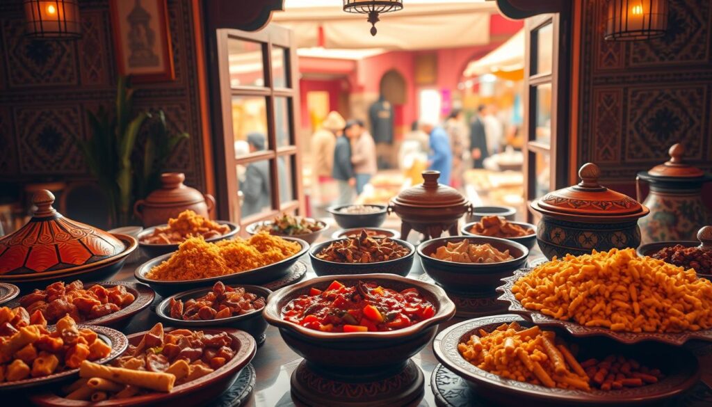 A lavish spread of traditional Moroccan cuisine set against a vibrant, atmospheric backdrop. In the foreground, a colorful array of tagines, couscous dishes, and fragrant spices, artfully arranged on ornate ceramic platters. The middle ground features intricate Moroccan tilework, with intricate patterns and warm, earthy tones. In the background, a window opens onto a bustling Moroccan marketplace, with the sounds and sights of daily life. Soft, diffused lighting casts a golden glow, creating a sense of warmth and hospitality. MyVisitMorocco A lavish spread of traditional Moroccan cuisine set against a vibrant, atmospheric backdrop. In the foreground, a colorful array of tagines, couscous dishes, and fragrant spices, artfully arranged on ornate ceramic platters. The middle ground features intricate Moroccan tilework, with intricate patterns and warm, earthy tones. In the background, a window opens onto a bustling Moroccan marketplace, with the sounds and sights of daily life. Soft, diffused lighting casts a golden glow, creating a sense of warmth and hospitality. MyVisitMorocco