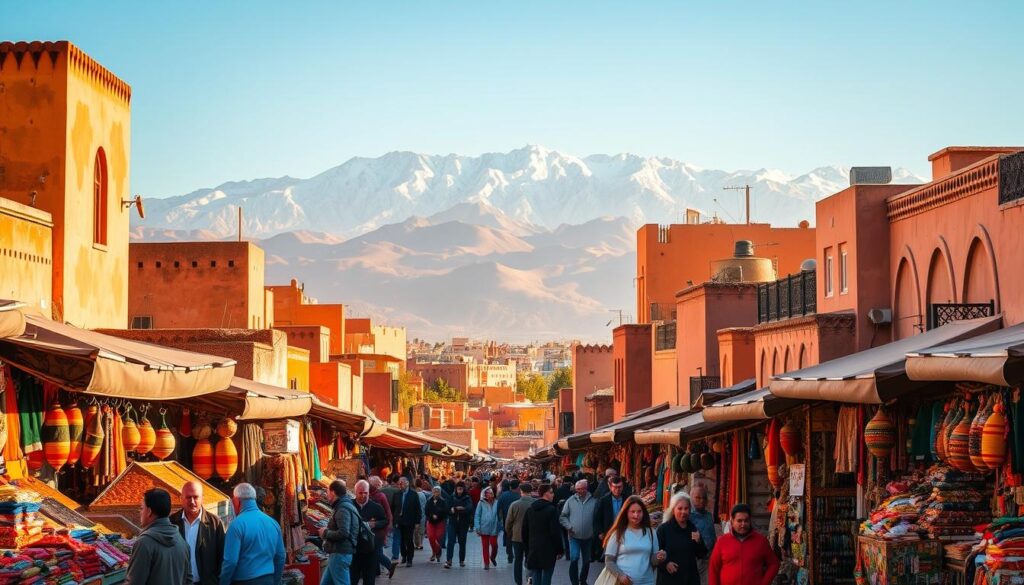 A lively Moroccan cityscape in February, bathed in warm, golden sunlight. In the foreground, vibrant market stalls overflow with colorful textiles, spices, and handicrafts. Merchants haggle with locals and tourists, creating a lively, bustling atmosphere. In the middle ground, traditional Moroccan architecture lines the narrow, winding streets, with ornate, tiled facades and ornamental arches. In the background, the majestic Atlas Mountains rise up, their snow-capped peaks glistening under a clear, azure sky. The scene exudes the charm and energy of Morocco, inviting the viewer to explore the best cities to visit during this season. MyVisitMorocco