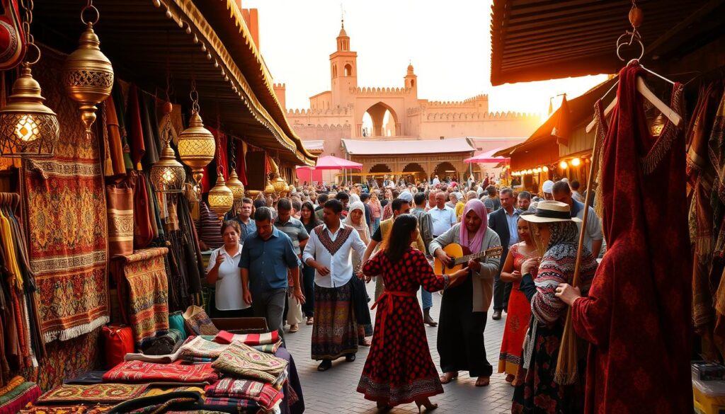 A lively Moroccan marketplace, bustling with vibrant activity. In the foreground, vendors display an array of handcrafted Berber rugs, intricate leather goods, and ornate brass lanterns. The middle ground features a group of locals engaged in traditional dance, their colorful garments swirling as they move to the rhythmic beat of a lute and tambourine. In the background, the iconic architecture of Marrakech's Jemaa el-Fnaa square is illuminated by the warm, golden light of the setting sun. The scene exudes a sense of cultural heritage and timeless tradition. MyVisitMorocco. A lively Moroccan marketplace, bustling with vibrant activity. In the foreground, vendors display an array of handcrafted Berber rugs, intricate leather goods, and ornate brass lanterns. The middle ground features a group of locals engaged in traditional dance, their colorful garments swirling as they move to the rhythmic beat of a lute and tambourine. In the background, the iconic architecture of Marrakech's Jemaa el-Fnaa square is illuminated by the warm, golden light of the setting sun. The scene exudes a sense of cultural heritage and timeless tradition. MyVisitMorocco.