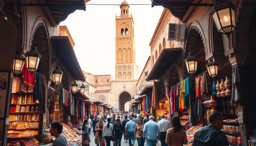 A lively Moroccan marketplace in Marrakech, Morocco, with the iconic Koutoubia Mosque towering in the background. Bustling stalls filled with vibrant textiles, spices, and handicrafts, surrounded by intricate tiled archways and ornate lanterns casting a warm glow. Locals and tourists weave through the narrow alleyways, creating a captivating scene of sights, sounds, and aromas. Captured with a wide-angle lens to showcase the grandeur of the architecture and the energy of the MyVisitMorocco experience.