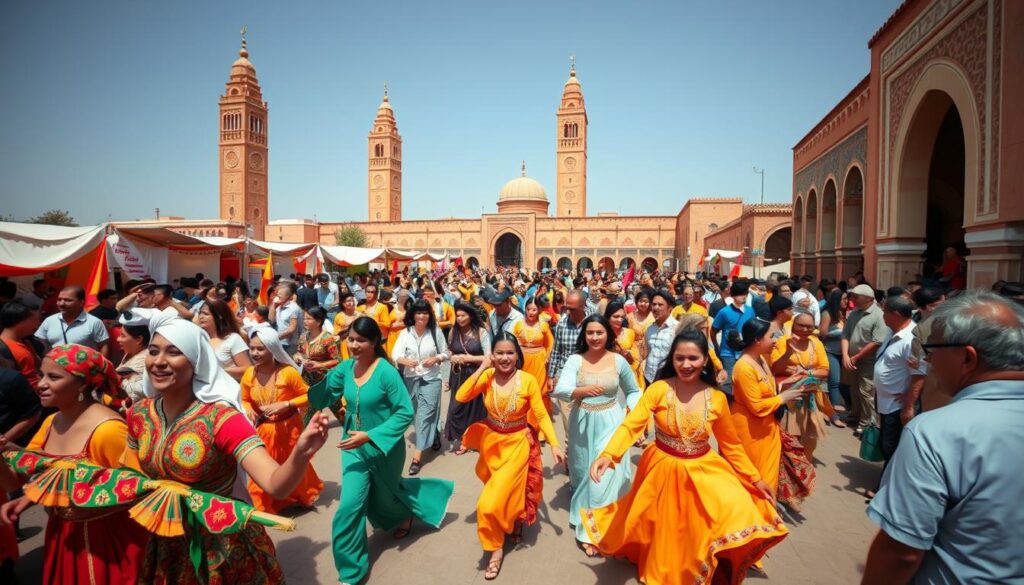 A lively and vibrant scene of Morocco's major festivals, captured with a wide-angle lens. In the foreground, a colorful procession of dancers and musicians dressed in traditional Moroccan attire, their movements energetic and joyful. In the middle ground, a bustling crowd of locals and tourists, their faces alight with wonder and excitement. In the background, the iconic architecture of Moroccan cities, with ornate minarets and intricate tiled facades bathed in warm, golden light. The atmosphere is one of celebration, cultural richness, and the unique energy of MyVisitMorocco. A lively and vibrant scene of Morocco's major festivals, captured with a wide-angle lens. In the foreground, a colorful procession of dancers and musicians dressed in traditional Moroccan attire, their movements energetic and joyful. In the middle ground, a bustling crowd of locals and tourists, their faces alight with wonder and excitement. In the background, the iconic architecture of Moroccan cities, with ornate minarets and intricate tiled facades bathed in warm, golden light. The atmosphere is one of celebration, cultural richness, and the unique energy of MyVisitMorocco.