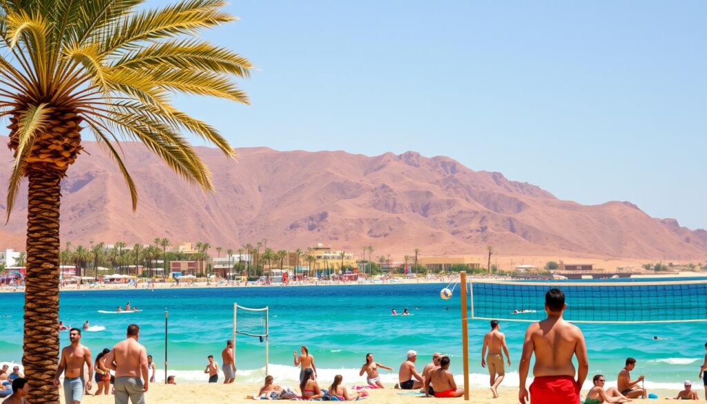 A lively beach scene in Morocco, captured under the scorching July sun. In the foreground, sun-kissed beachgoers engage in a variety of activities - swimming, sunbathing, and playing beach volleyball. The crystal-clear turquoise waters of the Atlantic Ocean stretch out in the middle ground, framed by a line of swaying palm trees. In the background, the rugged, ochre-hued Atlas Mountains rise majestically, creating a dramatic and picturesque backdrop. The overall atmosphere is one of vibrant energy and relaxation, perfectly encapsulating the impact of Morocco's sizzling July weather on tourist activities. MyVisitMorocco A lively beach scene in Morocco, captured under the scorching July sun. In the foreground, sun-kissed beachgoers engage in a variety of activities - swimming, sunbathing, and playing beach volleyball. The crystal-clear turquoise waters of the Atlantic Ocean stretch out in the middle ground, framed by a line of swaying palm trees. In the background, the rugged, ochre-hued Atlas Mountains rise majestically, creating a dramatic and picturesque backdrop. The overall atmosphere is one of vibrant energy and relaxation, perfectly encapsulating the impact of Morocco's sizzling July weather on tourist activities. MyVisitMorocco