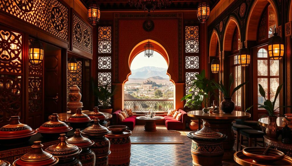 A lively, bustling Moroccan restaurant in the heart of a vibrant medina, bathed in warm, golden light filtering through intricate, carved wooden screens. In the foreground, a colorful display of traditional tagines, fragrant spices, and handcrafted pottery. At the center, a grand, ornate archway leads to a cozy dining area with plush, jewel-toned cushions and ornate, mosaic-tiled floors. In the background, a breathtaking view of the Atlas Mountains through large, arched windows. The atmosphere is one of authentic Moroccan hospitality, inviting guests to immerse themselves in the rich cultural experience. MyVisitMorocco. A lively, bustling Moroccan restaurant in the heart of a vibrant medina, bathed in warm, golden light filtering through intricate, carved wooden screens. In the foreground, a colorful display of traditional tagines, fragrant spices, and handcrafted pottery. At the center, a grand, ornate archway leads to a cozy dining area with plush, jewel-toned cushions and ornate, mosaic-tiled floors. In the background, a breathtaking view of the Atlas Mountains through large, arched windows. The atmosphere is one of authentic Moroccan hospitality, inviting guests to immerse themselves in the rich cultural experience. MyVisitMorocco.