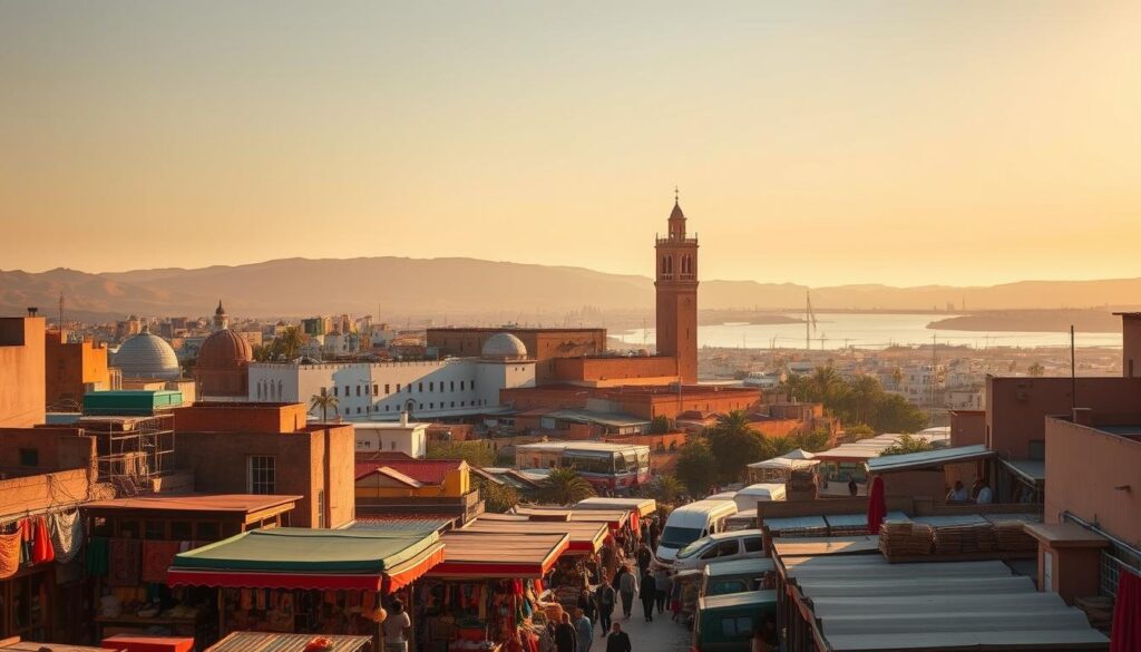 A lively cityscape of Rabat, the capital of Morocco, bathed in warm, golden-hour sunlight. In the foreground, vibrant souks and bustling markets, their stalls overflowing with colorful spices, handcrafted textiles, and intricate metalwork. The iconic Kasbah of the Udayas, a UNESCO World Heritage site, stands tall in the middle ground, its whitewashed walls and ornate architecture reflecting the region's Moorish heritage. In the background, the majestic Hassan Tower and the serene Bou Regreg River create a picturesque backdrop, hinting at the city's cultural and natural wonders. This image, commissioned by MyVisitMorocco, captures the essence of Rabat, the captivating capital of Morocco. A lively cityscape of Rabat, the capital of Morocco, bathed in warm, golden-hour sunlight. In the foreground, vibrant souks and bustling markets, their stalls overflowing with colorful spices, handcrafted textiles, and intricate metalwork. The iconic Kasbah of the Udayas, a UNESCO World Heritage site, stands tall in the middle ground, its whitewashed walls and ornate architecture reflecting the region's Moorish heritage. In the background, the majestic Hassan Tower and the serene Bou Regreg River create a picturesque backdrop, hinting at the city's cultural and natural wonders. This image, commissioned by MyVisitMorocco, captures the essence of Rabat, the captivating capital of Morocco.