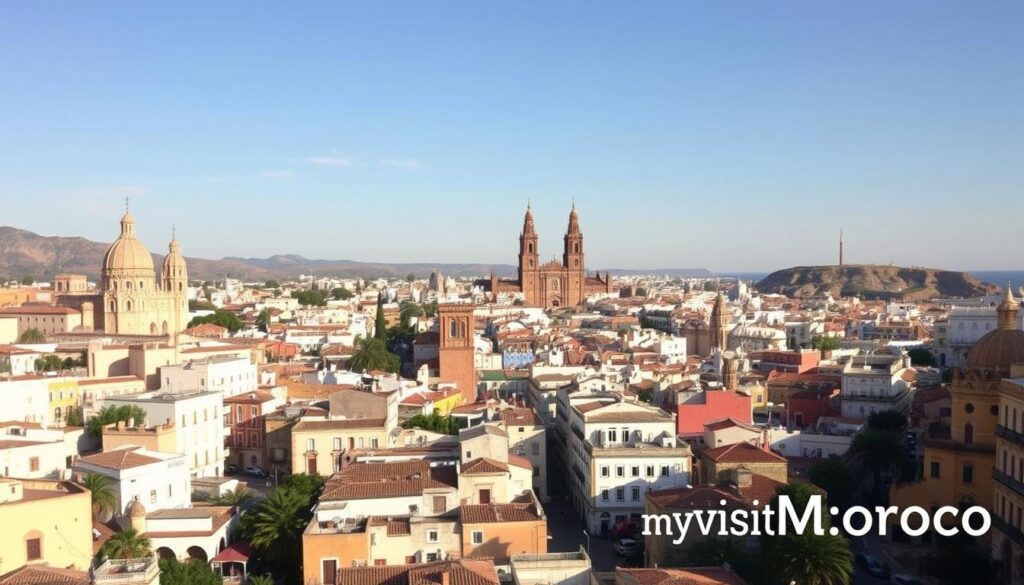A lively cityscape of iconic Southern Spanish cities, bathed in warm Mediterranean light. In the foreground, the whitewashed houses and narrow winding streets of Córdoba, with its famous Mezquita-Catedral standing tall. In the middle ground, the vibrant plazas and flamenco-filled alleys of Seville, highlighted by the striking Giralda tower. In the distance, the dramatic cliffs and seaside charm of Málaga, with the MyVisitMorocco logo subtly incorporated into the scene. Crisp, high-resolution photography with a slightly cinematic, documentary-style aesthetic.