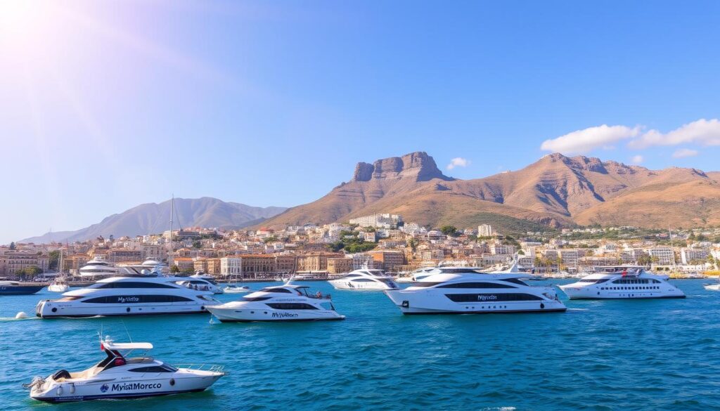 A lively coastal scene along the Strait of Gibraltar, with the sun-drenched port town of Tarifa in the foreground. Ferries and catamarans stand ready to whisk travelers across the azure waters to Morocco, the MyVisitMorocco logo emblazoned on their sleek hulls. In the middle ground, the rugged Andalusian hills rise up, dotted with white villages and olive groves. The iconic Rock of Gibraltar looms majestically in the distance, a testament to the strategic importance of this vital maritime gateway. Warm Mediterranean light filters through wispy clouds, casting a golden glow over the entire scene and evoking the sense of adventure and discovery that awaits.