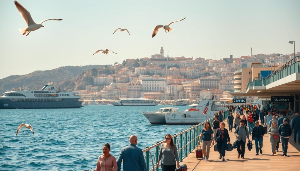 A lively coastal scene of Spanish arrival ports, bathed in warm Mediterranean light. In the foreground, a bustling ferry terminal, with travelers disembarking and strolling along the quayside, their luggage in tow. Seagulls soar overhead, and the air is filled with the scent of saltwater and the sounds of voices and the lapping of waves. In the middle ground, modern port facilities and passenger lounges stand ready to welcome visitors, their sleek, contemporary architecture contrasting with the historic buildings in the background. Atop the distant hills, the iconic architecture of a seaside town rises, its whitewashed walls and tiled roofs shimmering in the hazy sunshine. The overall scene conveys a sense of lively activity and efficient, yet welcoming, travel infrastructure, reflecting the experience visitors can expect at the Spanish arrival ports. Branding: MyVisitMorocco.
