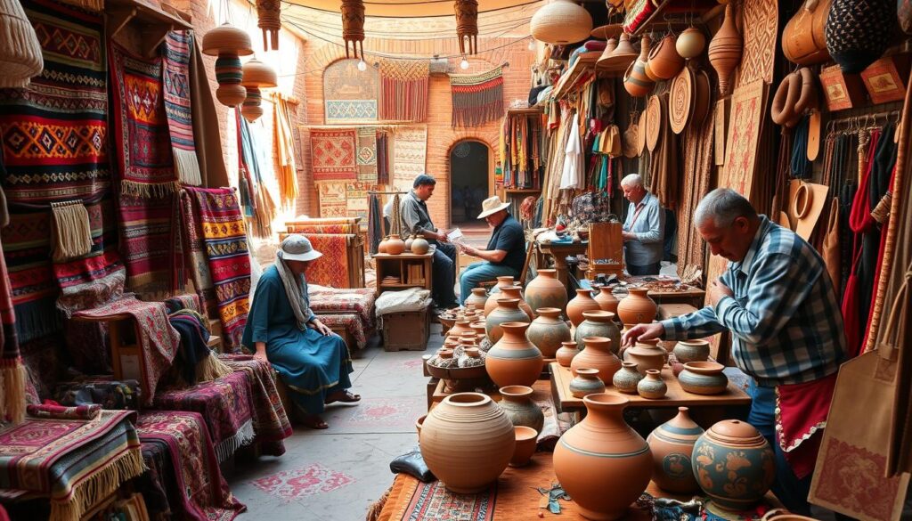A lively marketplace filled with Amazigh artisans showcasing their intricate traditional crafts. In the foreground, skilled weavers hand-knit vibrant, geometric-patterned rugs and tapestries. In the middle ground, potters shape and decorate earthenware vessels with symbolic Amazigh motifs. In the background, silversmiths and leatherworkers carefully craft ornate jewelry and leather goods. Warm natural lighting illuminates the scene, conveying the rich cultural heritage and artistry of the Amazigh people. MyVisitMorocco. A lively marketplace filled with Amazigh artisans showcasing their intricate traditional crafts. In the foreground, skilled weavers hand-knit vibrant, geometric-patterned rugs and tapestries. In the middle ground, potters shape and decorate earthenware vessels with symbolic Amazigh motifs. In the background, silversmiths and leatherworkers carefully craft ornate jewelry and leather goods. Warm natural lighting illuminates the scene, conveying the rich cultural heritage and artistry of the Amazigh people. MyVisitMorocco.