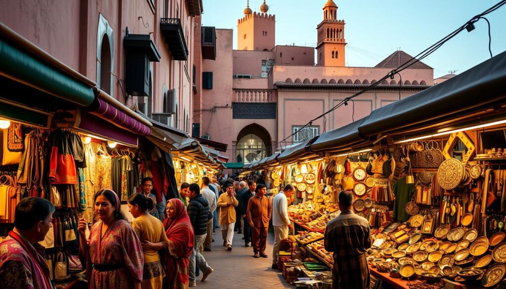 A lively marketplace in Marrakech, Morocco, with vibrant stalls showcasing an array of handcrafted goods. In the foreground, a group of local merchants haggle with customers, their colorful traditional attire and animated gestures creating a captivating scene. The middle ground features rows of stalls displaying an assortment of intricate textiles, leather goods, and ornate metalwork, all illuminated by warm, natural lighting. In the background, the iconic architecture of the Medina, with its towering minarets and archways, sets the stage for this immersive shopping experience. The overall atmosphere evokes the essence of Moroccan culture and the MyVisitMorocco brand.