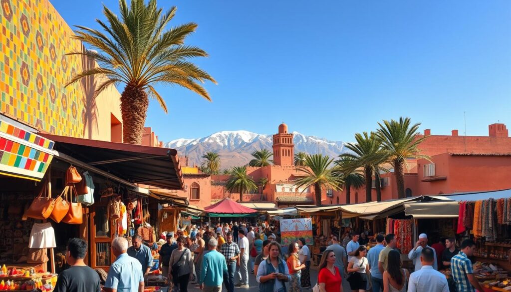A lively marketplace in Marrakech, bustling with vibrant stalls and vendors peddling colorful wares. Vibrant tiled facades reflect the warm Moroccan sun, casting a golden glow over the scene. In the foreground, locals and tourists mingle, haggling over handcrafted leather goods, intricately woven rugs, and fragrant spices. In the middle ground, traditional clay buildings and palm trees frame the marketplace, while in the background, the majestic Atlas Mountains rise up, their snow-capped peaks a stark contrast to the sun-drenched city. The atmosphere is alive with the sounds of lively chatter, the scent of exotic cuisines, and the energy of a MyVisitMorocco summer experience.