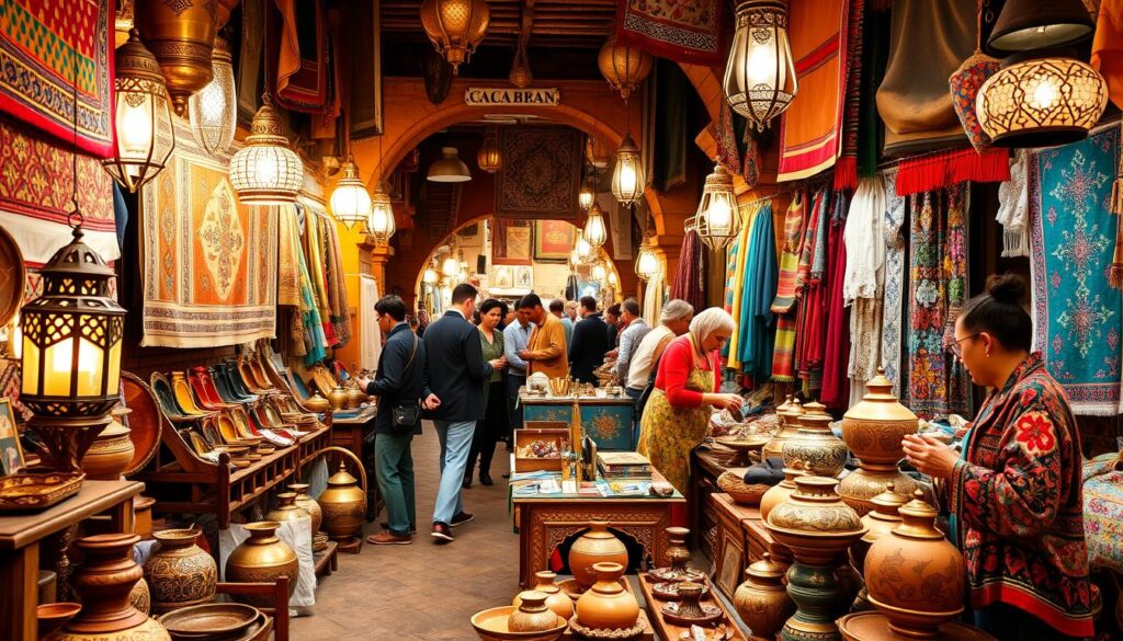 A lively marketplace in the heart of Marrakech, showcasing the vibrant artisan crafts of Morocco. Intricate woven rugs in rich hues, handcrafted leather goods adorned with intricate patterns, gleaming brass lanterns casting a warm glow, and delicate silver filigree jewelry. Artisans expertly shaping clay into beautiful pottery, their skilled hands honed by generations of tradition. Vibrant textiles in vibrant colors, hand-embroidered with intricate Berber designs. The scene is alive with the sounds of haggling and laughter, as shoppers browse the stalls of the MyVisitMorocco marketplace, immersed in the timeless art of Moroccan craftsmanship. A lively marketplace in the heart of Marrakech, showcasing the vibrant artisan crafts of Morocco. Intricate woven rugs in rich hues, handcrafted leather goods adorned with intricate patterns, gleaming brass lanterns casting a warm glow, and delicate silver filigree jewelry. Artisans expertly shaping clay into beautiful pottery, their skilled hands honed by generations of tradition. Vibrant textiles in vibrant colors, hand-embroidered with intricate Berber designs. The scene is alive with the sounds of haggling and laughter, as shoppers browse the stalls of the MyVisitMorocco marketplace, immersed in the timeless art of Moroccan craftsmanship.
