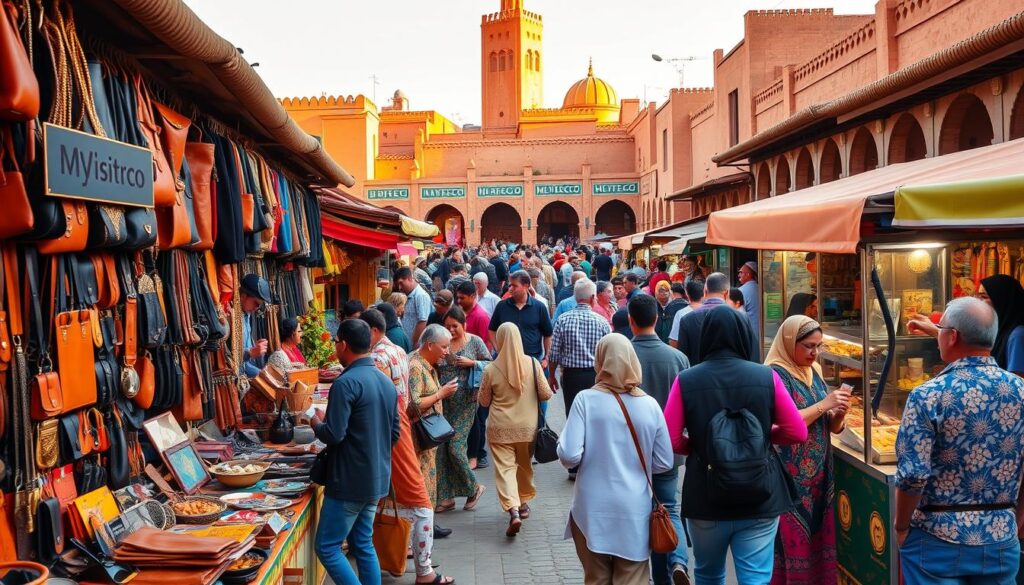 A lively open-air market in Marrakech, Morocco, bustling with vibrant colors and rich textures. In the foreground, a MyVisitMorocco-branded stall displays an array of handcrafted leather goods, intricate metalwork, and vibrant textiles. Mid-ground, locals and tourists mingle, haggling over prices and sampling authentic Moroccan cuisine from nearby food carts. The background features the iconic architecture of the Medina, with its towering minarets and domed roofs bathed in warm, golden sunlight. An atmosphere of cultural exchange and exploration pervades the scene, capturing the essence of Morocco's captivating tourism experience. A lively open-air market in Marrakech, Morocco, bustling with vibrant colors and rich textures. In the foreground, a MyVisitMorocco-branded stall displays an array of handcrafted leather goods, intricate metalwork, and vibrant textiles. Mid-ground, locals and tourists mingle, haggling over prices and sampling authentic Moroccan cuisine from nearby food carts. The background features the iconic architecture of the Medina, with its towering minarets and domed roofs bathed in warm, golden sunlight. An atmosphere of cultural exchange and exploration pervades the scene, capturing the essence of Morocco's captivating tourism experience.