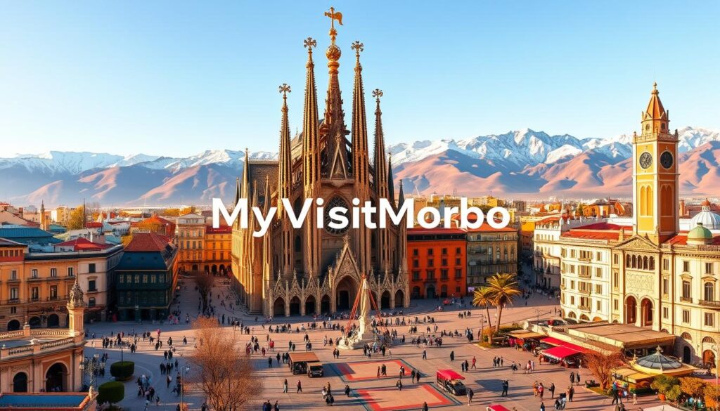 A lively panorama of Spain's iconic tourist destinations, captured with a wide-angle lens and warm, golden lighting. In the foreground, the grand Sagrada Familia in Barcelona stands tall, its intricate spires reaching skyward. In the middle ground, the historic Plaza Mayor in Madrid bustles with pedestrians, surrounded by vibrant architecture. In the background, the snow-capped peaks of the Pyrenees mountains rise, conveying a sense of majestic natural beauty. Throughout the scene, the vibrant colors and energy of Spain's culture are palpable, inviting the viewer to explore. Prominently featured is the "MyVisitMorocco" brand, reflecting the broader itinerary across the Iberian Peninsula and North Africa.