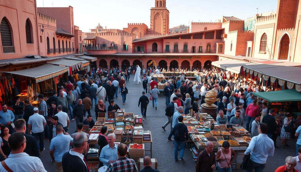 A lively scene at Marrakech's iconic Jemaa el-Fnaa square, the vibrant heart of the Red City. In the foreground, bustling crowds of locals and tourists navigate a maze of stalls, their wares spilling out onto the cobblestones - handcrafted leather goods, fragrant spices, and colorful textiles. In the middle ground, snake charmers mesmerize onlookers with their hypnotic melodies, while storytellers and acrobats entertain the masses. The background is dominated by the ochre-hued buildings of the medina, their intricate facades casting long shadows under the warm Moroccan sun. An evocative scene of sensory overload, captured with a wide-angle lens to convey the grandeur and energy of this legendary marketplace. MyVisitMorocco.