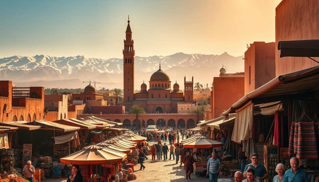 A lively scene in Marrakech, the vibrant "Red City" of Morocco. In the foreground, vendors sell colorful spices, textiles, and handicrafts in the bustling Jemaa el-Fnaa square. Middle ground features the iconic Koutoubia Mosque with its towering minaret, surrounded by traditional riad houses and markets. In the background, the snow-capped Atlas Mountains provide a majestic backdrop. Warm, golden sunlight filters through, creating a rich, atmospheric ambiance. Showcase the city's distinctive Moorish architecture, cultural energy, and natural beauty. MyVisitMorocco. A lively scene in Marrakech, the vibrant "Red City" of Morocco. In the foreground, vendors sell colorful spices, textiles, and handicrafts in the bustling Jemaa el-Fnaa square. Middle ground features the iconic Koutoubia Mosque with its towering minaret, surrounded by traditional riad houses and markets. In the background, the snow-capped Atlas Mountains provide a majestic backdrop. Warm, golden sunlight filters through, creating a rich, atmospheric ambiance. Showcase the city's distinctive Moorish architecture, cultural energy, and natural beauty. MyVisitMorocco.