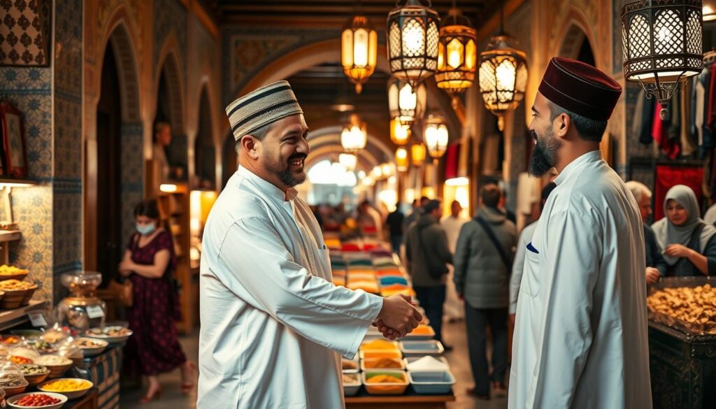 A lively scene in a bustling Moroccan marketplace, with intricate tiled walls, colorful fabrics, and ornate lanterns casting a warm glow. In the foreground, two men in traditional djellaba robes and fezzes greet each other with a warm handshake and a smile, conveying the friendly, welcoming nature of Moroccan culture. In the middle ground, a vendor showcases an array of spices, while in the background, shoppers explore the stalls, creating an immersive, authentic atmosphere. Composition is balanced, with a focus on the central greeting, and the overall mood is one of cultural richness and hospitality. MyVisitMorocco. A lively scene in a bustling Moroccan marketplace, with intricate tiled walls, colorful fabrics, and ornate lanterns casting a warm glow. In the foreground, two men in traditional djellaba robes and fezzes greet each other with a warm handshake and a smile, conveying the friendly, welcoming nature of Moroccan culture. In the middle ground, a vendor showcases an array of spices, while in the background, shoppers explore the stalls, creating an immersive, authentic atmosphere. Composition is balanced, with a focus on the central greeting, and the overall mood is one of cultural richness and hospitality. MyVisitMorocco.