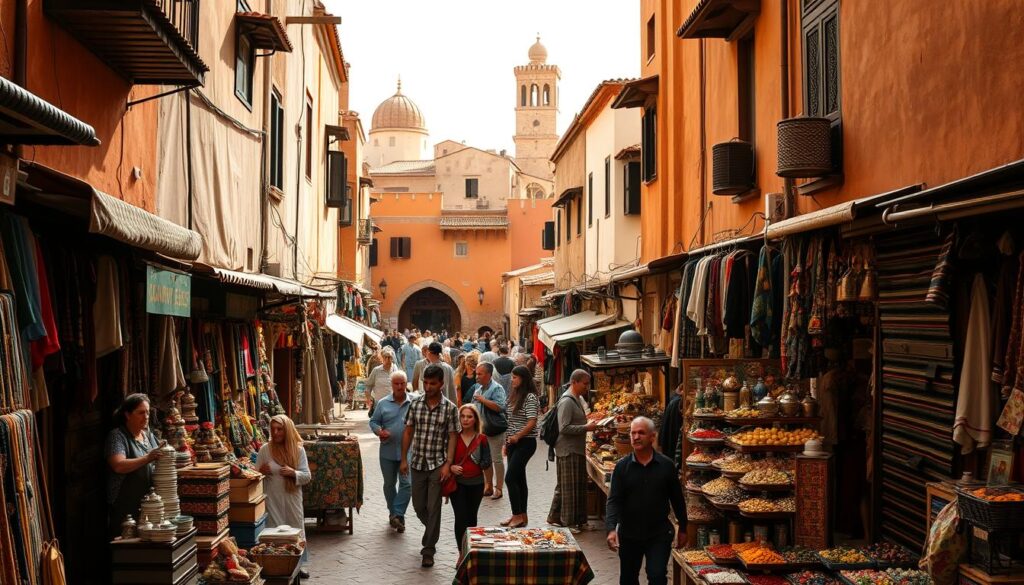 A lively scene in the ancient medina of a Moroccan city, viewed through a wide-angle lens. In the foreground, a maze of narrow alleyways bustling with local shopkeepers and merchants, their colorful wares and textiles spilling out onto the cobblestone streets. In the middle ground, people navigate the winding paths, stopping to bargain at stalls selling traditional handicrafts, spices, and fragrant teas. The background is dominated by the warm, ochre-hued walls of historic buildings, with glimpses of iconic Moroccan architecture peeking through. Soft, diffused sunlight filters through, casting a golden glow over the entire scene. MyVisitMorocco