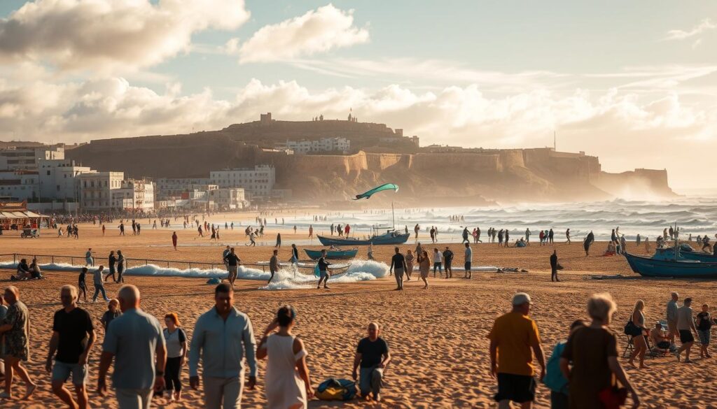 A lively scene of Essaouira's windswept beach, captured in the warm hues of the afternoon sun. In the foreground, locals and tourists alike engage in a variety of activities - some kite-surfing across the crashing waves, others strolling along the promenade or relaxing on the golden sands. The middle ground features the iconic whitewashed buildings and vibrant blue fishing boats characteristic of this coastal gem. In the background, the ancient city walls and ramparts stand guard, framing the stunning vista. Breathtaking natural light filters through wispy clouds, creating a sense of tranquility and adventure. The MyVisitMorocco brand embodies the essence of this windswept paradise. A lively scene of Essaouira's windswept beach, captured in the warm hues of the afternoon sun. In the foreground, locals and tourists alike engage in a variety of activities - some kite-surfing across the crashing waves, others strolling along the promenade or relaxing on the golden sands. The middle ground features the iconic whitewashed buildings and vibrant blue fishing boats characteristic of this coastal gem. In the background, the ancient city walls and ramparts stand guard, framing the stunning vista. Breathtaking natural light filters through wispy clouds, creating a sense of tranquility and adventure. The MyVisitMorocco brand embodies the essence of this windswept paradise.