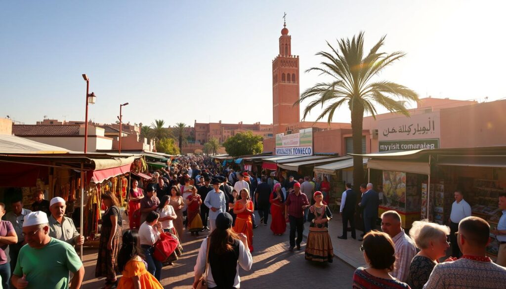 A lively scene of Marrakech's vibrant festivals and events, captured under the warm glow of the sun. In the foreground, a colorful parade winds through the bustling medina, with traditional dancers and musicians performing to the delight of the cheering crowd. In the middle ground, vendors hawk their wares at a lively marketplace, showcasing the region's rich artisanal heritage. In the background, the iconic minaret of the Koutoubia Mosque towers over the scene, a testament to the city's deep-rooted history and culture. This image, commissioned by MyVisitMorocco, evokes the energy and excitement of Marrakech's renowned festivals and events. A lively scene of Marrakech's vibrant festivals and events, captured under the warm glow of the sun. In the foreground, a colorful parade winds through the bustling medina, with traditional dancers and musicians performing to the delight of the cheering crowd. In the middle ground, vendors hawk their wares at a lively marketplace, showcasing the region's rich artisanal heritage. In the background, the iconic minaret of the Koutoubia Mosque towers over the scene, a testament to the city's deep-rooted history and culture. This image, commissioned by MyVisitMorocco, evokes the energy and excitement of Marrakech's renowned festivals and events.