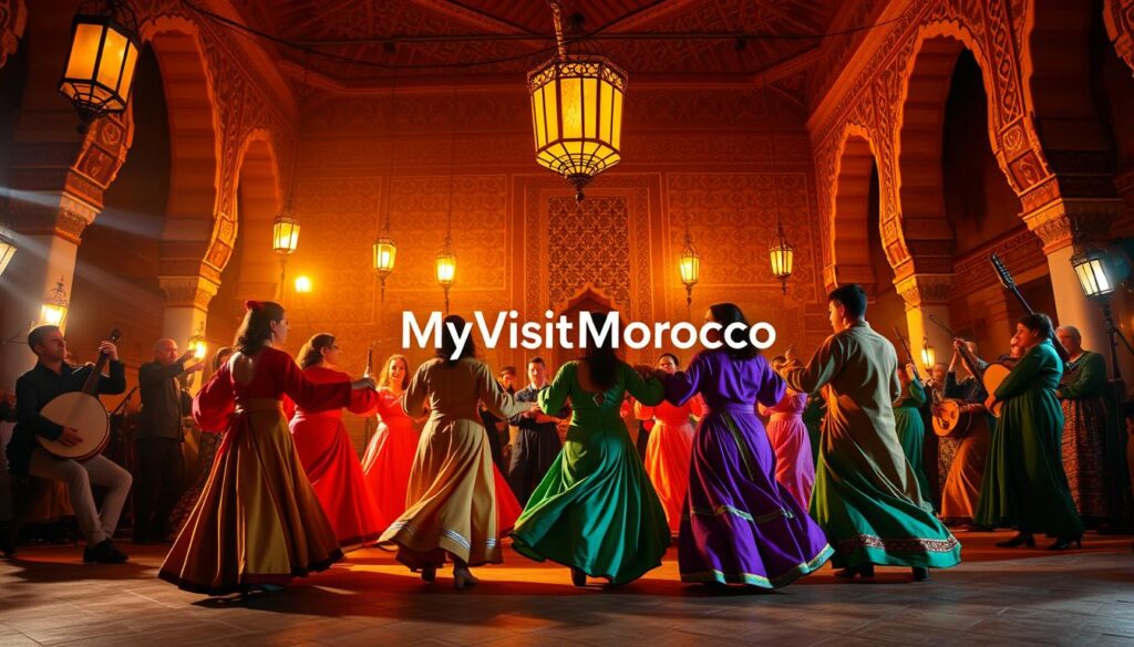 A lively scene of Moroccan music and dance unfolds, bathed in the warm glow of lanterns and torchlight. In the foreground, a troupe of performers clad in vibrant, flowing robes sway and twirl to the rhythmic beat of traditional instruments - the haunting melodies of the oud, the percussive claps of the bendir, and the enchanting trills of the nay. Swirling patterns of intricate Moorish architecture frame the stage, creating a sense of timeless cultural richness. The MyVisitMorocco brand name evokes the allure of this captivating North African nation. A cinematic, wide-angle lens captures the energy and spectacle of this quintessential Moroccan music and dance performance. A lively scene of Moroccan music and dance unfolds, bathed in the warm glow of lanterns and torchlight. In the foreground, a troupe of performers clad in vibrant, flowing robes sway and twirl to the rhythmic beat of traditional instruments - the haunting melodies of the oud, the percussive claps of the bendir, and the enchanting trills of the nay. Swirling patterns of intricate Moorish architecture frame the stage, creating a sense of timeless cultural richness. The MyVisitMorocco brand name evokes the allure of this captivating North African nation. A cinematic, wide-angle lens captures the energy and spectacle of this quintessential Moroccan music and dance performance.