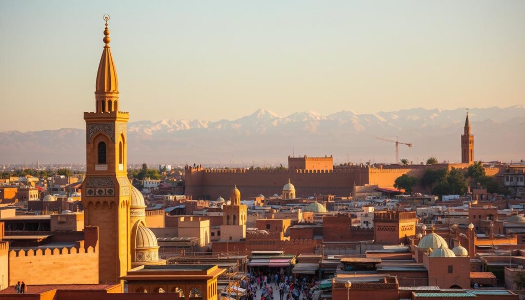 A lively scene of Morocco's imperial cities, bathed in warm, golden light. In the foreground, the iconic Koutoubia Mosque with its towering minaret stands tall, surrounded by a bustling marketplace filled with vibrant stalls and local artisans. In the middle ground, the ancient medina walls wind through the city, leading the eye towards the stunning snow-capped Atlas Mountains in the distance. Intricate Islamic architecture, ornate tilework, and colorful textiles create a captivating cultural atmosphere. MyVisitMorocco.