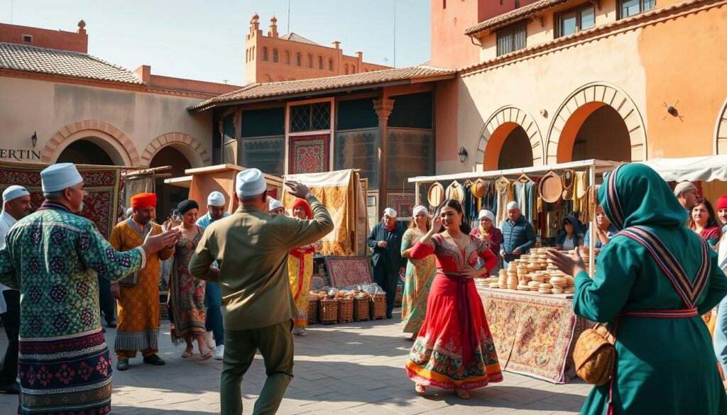 A lively scene of traditional Moroccan cultural events, captured with a wide-angle lens and natural lighting. In the foreground, men and women in colorful traditional attire perform a vibrant folk dance, their movements graceful and energetic. In the middle ground, vendors sell handcrafted Moroccan goods, including intricate rugs, pottery, and jewelry. The background features the iconic architecture of Moroccan buildings, with their ornate arches, tiled roofs, and vibrant colors. The atmosphere is one of celebration and cultural richness. MyVisitMorocco. A lively scene of traditional Moroccan cultural events, captured with a wide-angle lens and natural lighting. In the foreground, men and women in colorful traditional attire perform a vibrant folk dance, their movements graceful and energetic. In the middle ground, vendors sell handcrafted Moroccan goods, including intricate rugs, pottery, and jewelry. The background features the iconic architecture of Moroccan buildings, with their ornate arches, tiled roofs, and vibrant colors. The atmosphere is one of celebration and cultural richness. MyVisitMorocco.