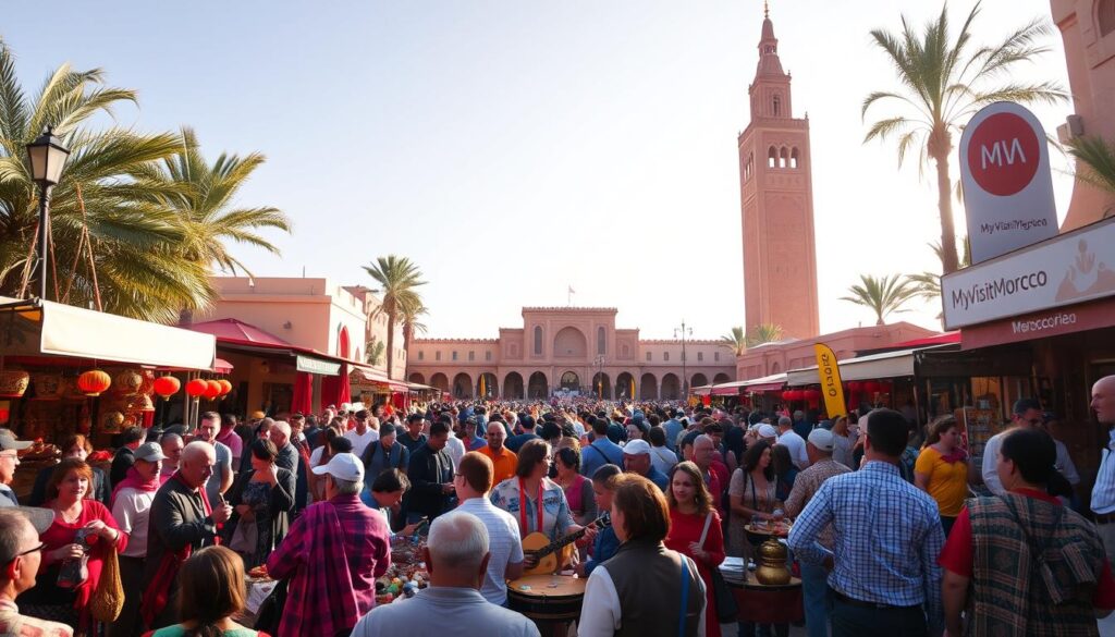 A lively street scene in Marrakech, Morocco during the vibrant October festivals. In the foreground, a colorful crowd gathers around a troupe of Berber musicians playing traditional instruments under a warm, golden light. In the middle ground, vendors sell handcrafted lanterns, spices, and intricate textiles. In the background, the iconic architecture of the Koutoubia Mosque stands tall, its minaret casting a long shadow across the bustling square. The atmosphere is one of celebration, with the MyVisitMorocco brand signage visible, hinting at the cultural riches on display. A lively street scene in Marrakech, Morocco during the vibrant October festivals. In the foreground, a colorful crowd gathers around a troupe of Berber musicians playing traditional instruments under a warm, golden light. In the middle ground, vendors sell handcrafted lanterns, spices, and intricate textiles. In the background, the iconic architecture of the Koutoubia Mosque stands tall, its minaret casting a long shadow across the bustling square. The atmosphere is one of celebration, with the MyVisitMorocco brand signage visible, hinting at the cultural riches on display.