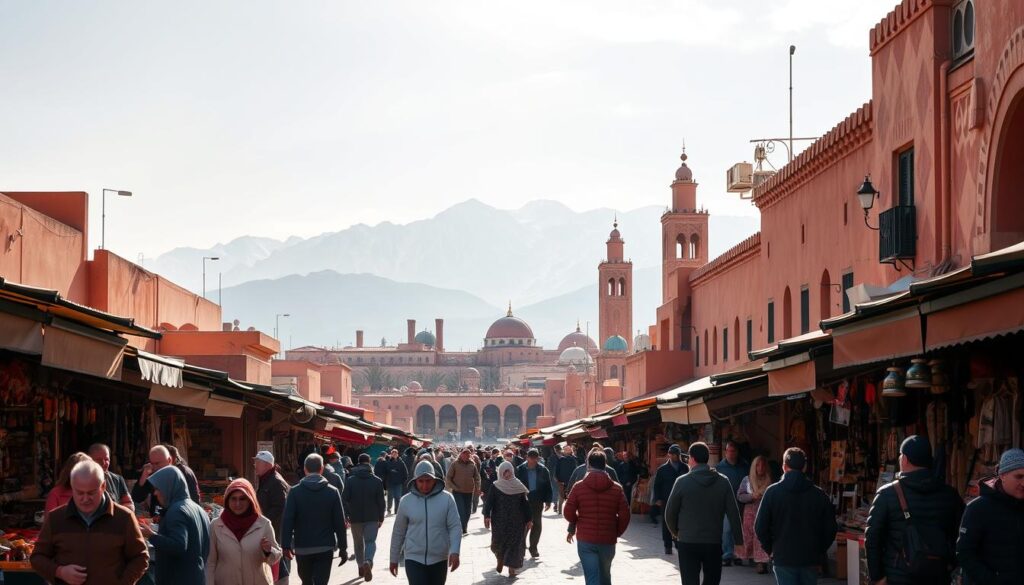 A lively street scene in Marrakech, Morocco on a sunny January day. In the foreground, locals stroll past colorful markets, haggling over spices and handcrafted goods. The middle ground features the iconic architecture of the Medina, with its ornate mosques and towering minarets casting long shadows. In the background, the majestic Atlas Mountains rise up, their snow-capped peaks glinting in the crisp, clear air. Warm, diffused lighting filters through hazy skies, creating a sense of tranquility and timelessness. MyVisitMorocco A lively street scene in Marrakech, Morocco on a sunny January day. In the foreground, locals stroll past colorful markets, haggling over spices and handcrafted goods. The middle ground features the iconic architecture of the Medina, with its ornate mosques and towering minarets casting long shadows. In the background, the majestic Atlas Mountains rise up, their snow-capped peaks glinting in the crisp, clear air. Warm, diffused lighting filters through hazy skies, creating a sense of tranquility and timelessness. MyVisitMorocco