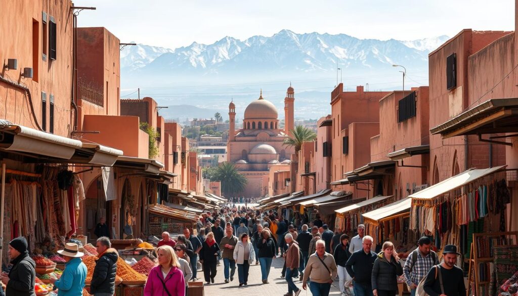 A lively street scene in Marrakech, Morocco on a sunny January day. In the foreground, vendors sell vibrant spices, rugs, and handcrafted goods at a bustling souq. Locals and tourists mingle, adding energy and liveliness to the scene. In the middle ground, the iconic architecture of Marrakech's old town comes into view, with ornate mosques and riads lining the narrow streets. The background is dominated by the majestic Atlas Mountains, their snow-capped peaks glowing in the warm winter light. The overall mood is one of vibrancy, culture, and the rich history of this ancient Moroccan city. MyVisitMorocco. A lively street scene in Marrakech, Morocco on a sunny January day. In the foreground, vendors sell vibrant spices, rugs, and handcrafted goods at a bustling souq. Locals and tourists mingle, adding energy and liveliness to the scene. In the middle ground, the iconic architecture of Marrakech's old town comes into view, with ornate mosques and riads lining the narrow streets. The background is dominated by the majestic Atlas Mountains, their snow-capped peaks glowing in the warm winter light. The overall mood is one of vibrancy, culture, and the rich history of this ancient Moroccan city. MyVisitMorocco.