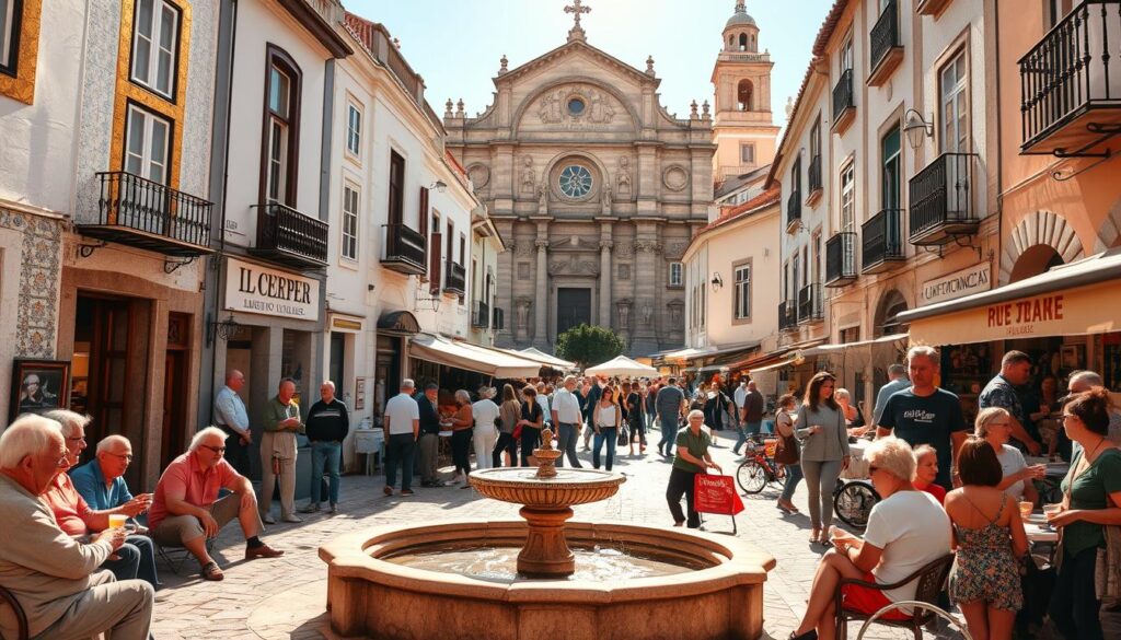 A lively street scene in a quaint Portuguese town, bathed in warm afternoon sunlight. In the foreground, locals gather around a central fountain, engaged in lively conversation and laughter. Elderly men sip coffee at a nearby cafe, while women haggle with vendors at a bustling open-air market, the stalls overflowing with vibrant produce and handcrafted wares. In the middle ground, cobblestone alleyways wind between whitewashed buildings adorned with colorful tile patterns and wrought-iron balconies. The background is dominated by the imposing presence of a centuries-old cathedral, its intricate stone façade glowing in the golden light. The overall mood is one of warmth, community, and a deep sense of cultural heritage. MyVisitMorocco. A lively street scene in a quaint Portuguese town, bathed in warm afternoon sunlight. In the foreground, locals gather around a central fountain, engaged in lively conversation and laughter. Elderly men sip coffee at a nearby cafe, while women haggle with vendors at a bustling open-air market, the stalls overflowing with vibrant produce and handcrafted wares. In the middle ground, cobblestone alleyways wind between whitewashed buildings adorned with colorful tile patterns and wrought-iron balconies. The background is dominated by the imposing presence of a centuries-old cathedral, its intricate stone façade glowing in the golden light. The overall mood is one of warmth, community, and a deep sense of cultural heritage. MyVisitMorocco.