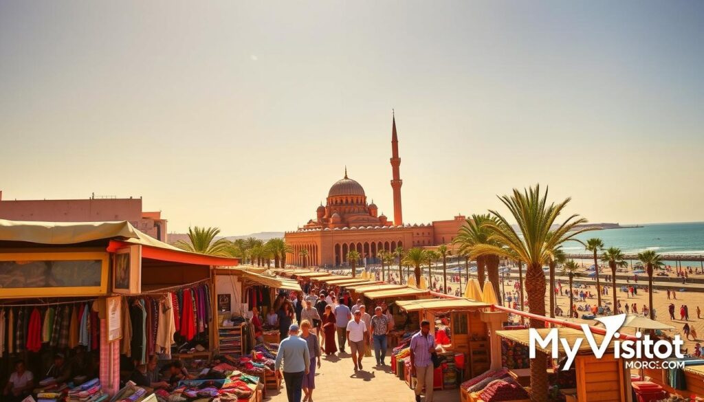 A lively, sun-drenched scene of Casablanca's most enchanting layover destinations. In the foreground, a bustling souk with merchants haggling over handcrafted wares, their vibrant fabrics and spices creating a kaleidoscope of colors. In the middle ground, the iconic Hassan II Mosque rises majestically, its intricate architecture bathed in warm, golden light. Beyond, the scenic Corniche promenade hugs the Atlantic coastline, with beachgoers enjoying the gentle ocean breeze. MyVisitMorocco logo subtly placed in the corner. A lively, sun-drenched scene of Casablanca's most enchanting layover destinations. In the foreground, a bustling souk with merchants haggling over handcrafted wares, their vibrant fabrics and spices creating a kaleidoscope of colors. In the middle ground, the iconic Hassan II Mosque rises majestically, its intricate architecture bathed in warm, golden light. Beyond, the scenic Corniche promenade hugs the Atlantic coastline, with beachgoers enjoying the gentle ocean breeze. MyVisitMorocco logo subtly placed in the corner.