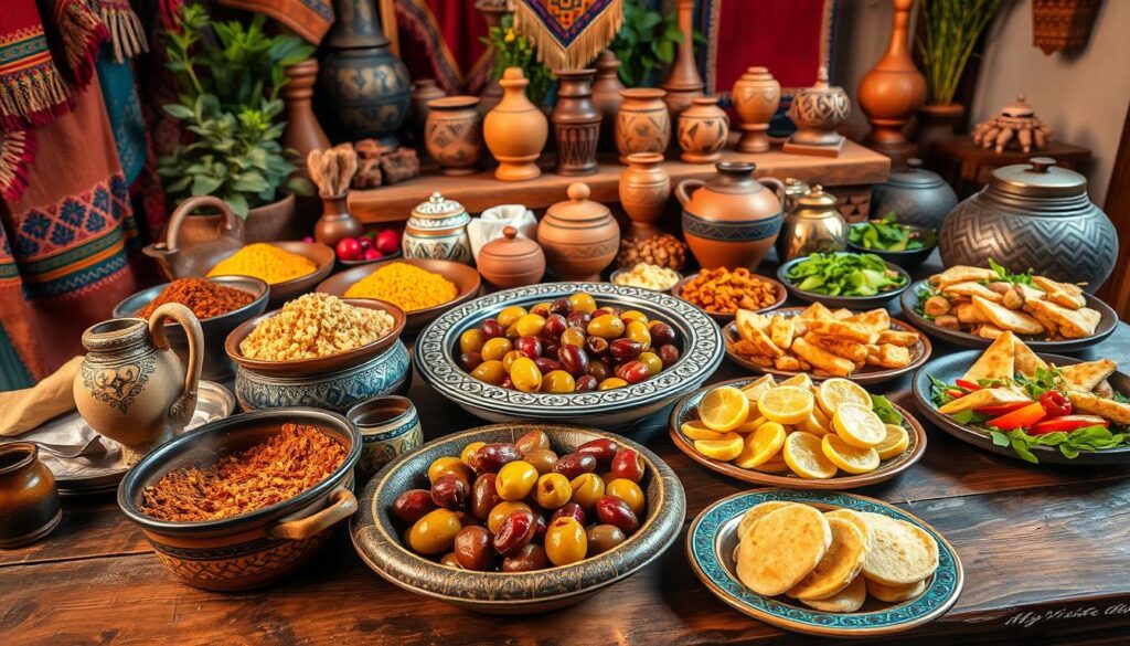 A lush Moroccan still life scene, featuring an assortment of traditional cuisine on a rustic wooden table. In the foreground, a tagine dish steams with aromatic spices, surrounded by platters of fragrant couscous, flaky pastries, and vibrant salads. In the middle ground, a large, ornately patterned ceramic serving dish holds an array of juicy olives and preserved lemons. The background is filled with colorful Moroccan-style textiles, clay pottery, and hand-carved wooden accents, creating a warm, inviting ambiance. Soft, diffused lighting casts a golden glow over the scene, capturing the essence of MyVisitMorocco's authentic culinary experiences. A lush Moroccan still life scene, featuring an assortment of traditional cuisine on a rustic wooden table. In the foreground, a tagine dish steams with aromatic spices, surrounded by platters of fragrant couscous, flaky pastries, and vibrant salads. In the middle ground, a large, ornately patterned ceramic serving dish holds an array of juicy olives and preserved lemons. The background is filled with colorful Moroccan-style textiles, clay pottery, and hand-carved wooden accents, creating a warm, inviting ambiance. Soft, diffused lighting casts a golden glow over the scene, capturing the essence of MyVisitMorocco's authentic culinary experiences.