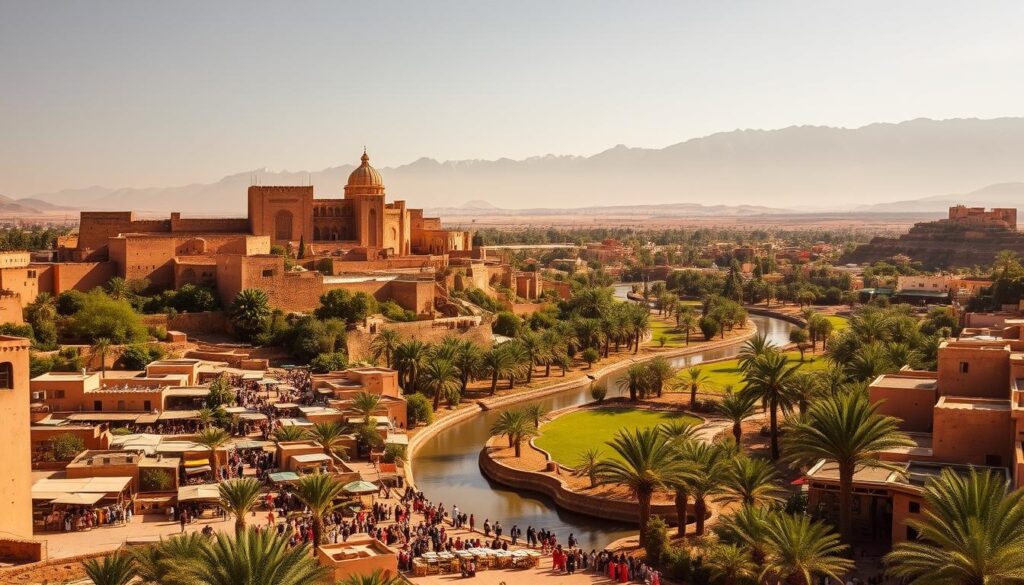 A lush, ancient Moroccan landscape, bathed in warm, golden light. In the foreground, a magnificent Kasbah fortress stands tall, its intricate architecture and ornate details reflecting the region's rich history. Surrounding the Kasbah, a bustling marketplace teems with activity, as vibrant-robed merchants sell their wares. In the middle ground, a winding river snakes through a verdant, palm-dotted oasis, while in the distance, the majestic Atlas Mountains rise, their snow-capped peaks reaching towards the sky. The overall scene conveys a sense of timelessness and cultural heritage, showcasing the essence of Morocco's storied past. MyVisitMorocco. A lush, ancient Moroccan landscape, bathed in warm, golden light. In the foreground, a magnificent Kasbah fortress stands tall, its intricate architecture and ornate details reflecting the region's rich history. Surrounding the Kasbah, a bustling marketplace teems with activity, as vibrant-robed merchants sell their wares. In the middle ground, a winding river snakes through a verdant, palm-dotted oasis, while in the distance, the majestic Atlas Mountains rise, their snow-capped peaks reaching towards the sky. The overall scene conveys a sense of timelessness and cultural heritage, showcasing the essence of Morocco's storied past. MyVisitMorocco.