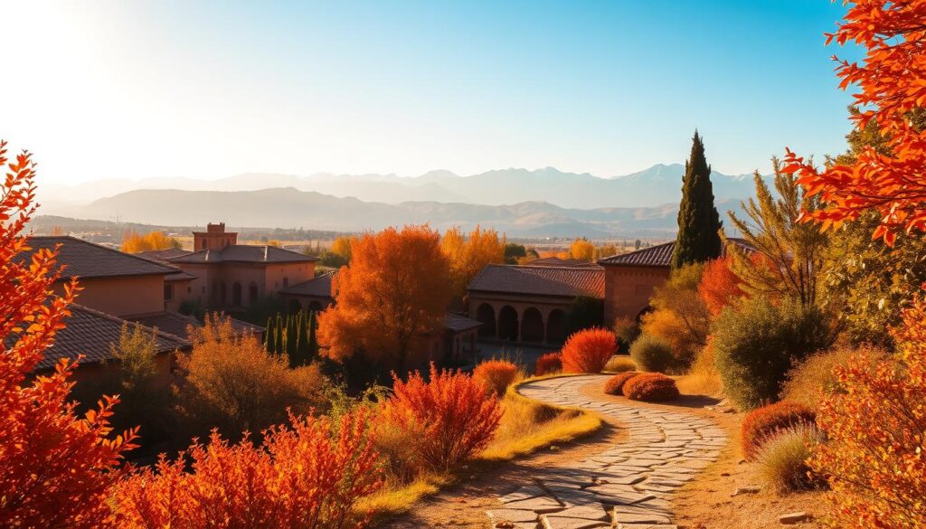 A lush, autumnal landscape in the heart of Morocco, bathed in warm, golden light. In the foreground, a winding path leads through a vibrant tapestry of ochre, crimson, and amber-hued foliage, inviting the viewer to explore. In the middle ground, traditional Moroccan architecture - tiled roofs, intricate arches, and ornate doorways - peek out from between the trees, creating a harmonious blend of nature and culture. The background is dominated by the majestic Atlas Mountains, their snow-capped peaks touching the endless azure sky. The overall scene exudes a sense of tranquility and timelessness, capturing the essence of "MyVisitMorocco" during the enchanting fall season.