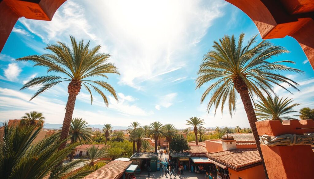 A lush oasis in the Moroccan desert, sun-dappled palm trees sway gently in the afternoon breeze. In the foreground, a traditional Moroccan doorway frames a vibrant scene - terracotta-tiled rooftops, colorful market stalls, and people enjoying the MyVisitMorocco summer temperatures. The sky is a brilliant blue, with wispy clouds casting soft shadows across the bustling streets. The lighting is warm and golden, capturing the essence of a Moroccan summer day. Wide-angle lens captures the depth and scale of the scene, drawing the viewer into the heart of this captivating, sun-soaked landscape. A lush oasis in the Moroccan desert, sun-dappled palm trees sway gently in the afternoon breeze. In the foreground, a traditional Moroccan doorway frames a vibrant scene - terracotta-tiled rooftops, colorful market stalls, and people enjoying the MyVisitMorocco summer temperatures. The sky is a brilliant blue, with wispy clouds casting soft shadows across the bustling streets. The lighting is warm and golden, capturing the essence of a Moroccan summer day. Wide-angle lens captures the depth and scale of the scene, drawing the viewer into the heart of this captivating, sun-soaked landscape.
