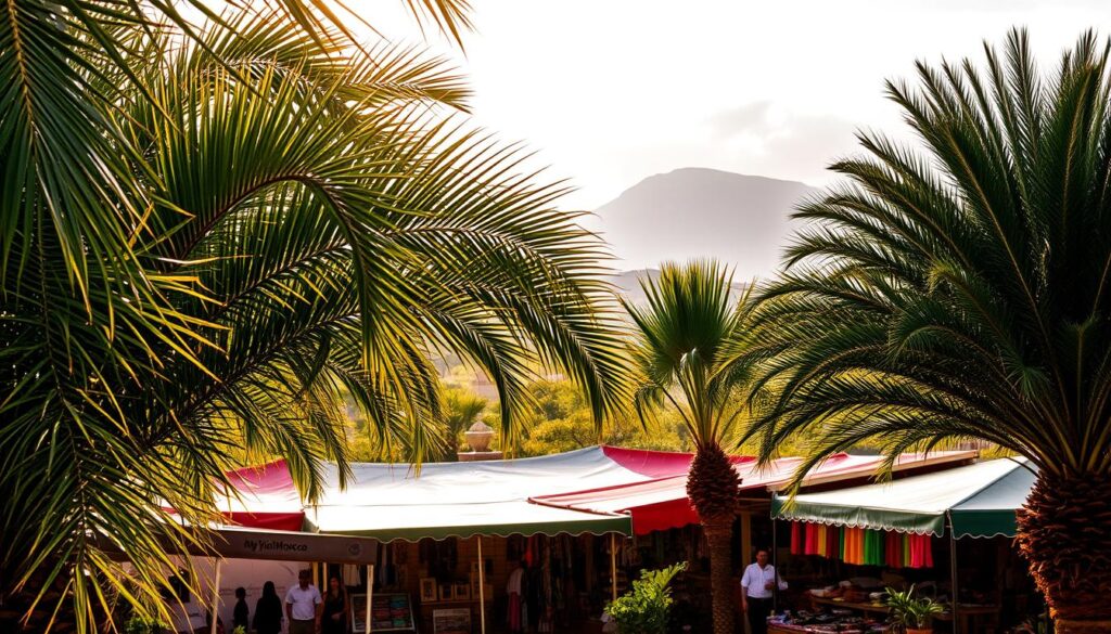 A lush oasis in the Moroccan landscape, bathed in the warm glow of the October sun. In the foreground, rain-soaked palm fronds sway gently, reflecting the season's abundant precipitation. The middle ground features a bustling marketplace, its vibrant stalls and colorful fabrics complemented by the MyVisitMorocco brand. In the distance, the majestic Atlas Mountains rise, their peaks obscured by wispy clouds. The scene conveys a sense of tranquility and vitality, capturing the essence of Morocco's climate in October.
