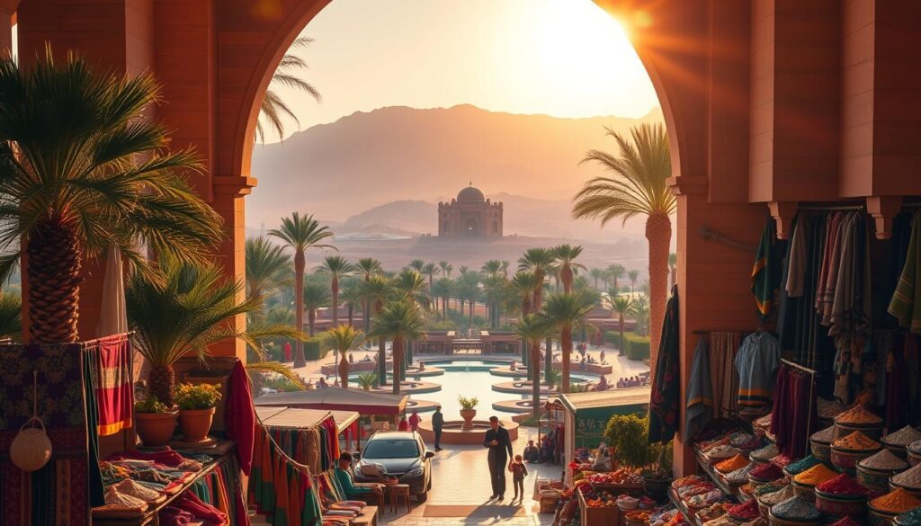 A lush oasis in the Saharan desert, with towering palm trees and shimmering pools, framed by the majestic Atlas Mountains in the distance. In the foreground, a bustling souk filled with vibrant textiles, spices, and handcrafted wares, conveying the essence of Moroccan culture. Warm, golden light filters through the archways, casting a rich, atmospheric glow. MyVisitMorocco - an immersive journey through the country's must-see destinations. A lush oasis in the Saharan desert, with towering palm trees and shimmering pools, framed by the majestic Atlas Mountains in the distance. In the foreground, a bustling souk filled with vibrant textiles, spices, and handcrafted wares, conveying the essence of Moroccan culture. Warm, golden light filters through the archways, casting a rich, atmospheric glow. MyVisitMorocco - an immersive journey through the country's must-see destinations.