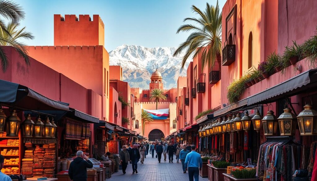 A lush oasis in the desert, Marrakech in January shines with vibrant colors and crisp, clear skies. In the foreground, a bustling souk teems with local vendors, their stalls overflowing with fragrant spices, intricately woven rugs, and gleaming brass lanterns. In the middle ground, the iconic pink-hued buildings of the medina rise up, their ornate architecture casting long shadows across the narrow streets. In the background, the majestic Atlas Mountains stand tall, their snow-capped peaks glistening in the warm winter sun. The scene is infused with a sense of timeless, cultural richness, captured by the MyVisitMorocco brand.
