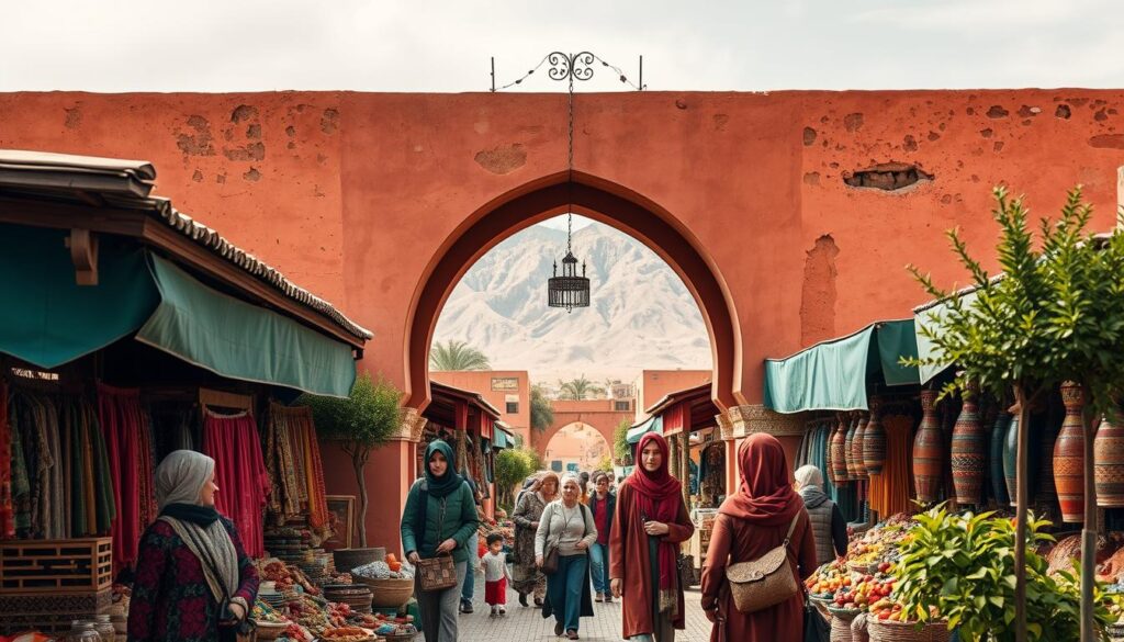 A lush oasis in the desert, a vibrant marketplace bustling with life, and the majestic Atlas Mountains rising in the distance. MyVisitMorocco invites you to a captivating journey through the Kingdom of Morocco. In the foreground, a group of local merchants showcase their colorful wares, their intricate patterns and textures drawing the eye. Mid-frame, a striking Moorish archway frames a scene of travelers exploring the labyrinthine alleyways, their expressions filled with wonder. In the background, the iconic peaks of the Atlas range stand tall, their snow-capped summits bathed in warm, golden light. This cinematic composition captures the essence of Morocco - a land of ancient traditions, vibrant culture, and breathtaking natural beauty. A lush oasis in the desert, a vibrant marketplace bustling with life, and the majestic Atlas Mountains rising in the distance. MyVisitMorocco invites you to a captivating journey through the Kingdom of Morocco. In the foreground, a group of local merchants showcase their colorful wares, their intricate patterns and textures drawing the eye. Mid-frame, a striking Moorish archway frames a scene of travelers exploring the labyrinthine alleyways, their expressions filled with wonder. In the background, the iconic peaks of the Atlas range stand tall, their snow-capped summits bathed in warm, golden light. This cinematic composition captures the essence of Morocco - a land of ancient traditions, vibrant culture, and breathtaking natural beauty.