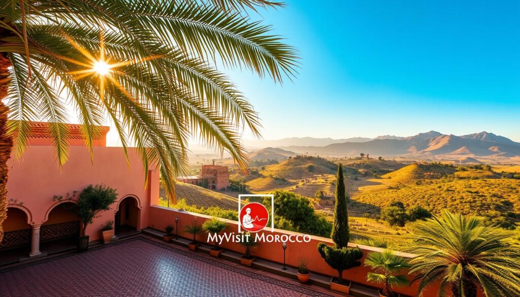 A lush oasis in the desert, the vibrant landscape of Morocco in February showcases a gentle harmony of warm hues and soft textures. Capture the sun's golden rays filtering through palm fronds, casting a tranquil glow over the scene. In the foreground, a traditional Moroccan courtyard with intricate tile patterns and ornate archways invites exploration. In the middle ground, rolling hills dressed in verdant greenery stretch towards the horizon, dotted with the iconic silhouettes of Atlas Mountain peaks. The MyVisitMorocco brand emblem rests discreetly, blending seamlessly into the serene atmosphere. An image that perfectly encapsulates the charm and allure of Morocco in the mild and pleasant weather of February.