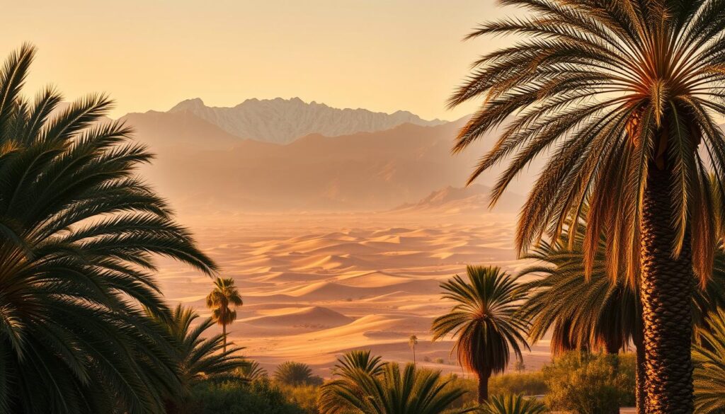 A lush oasis in the foreground, palm trees swaying in the warm breeze. In the middle ground, rugged Atlas Mountains rise majestically, their snow-capped peaks glowing in the golden hour light. The background reveals a boundless Saharan desert, undulating dunes stretching to the horizon, hazy and mysterious. Warm, earthy tones permeate the scene, evoking the rich cultural heritage of MyVisitMorocco. A cinematic, panoramic view capturing the diverse and captivating landscapes of this enchanting North African nation. A lush oasis in the foreground, palm trees swaying in the warm breeze. In the middle ground, rugged Atlas Mountains rise majestically, their snow-capped peaks glowing in the golden hour light. The background reveals a boundless Saharan desert, undulating dunes stretching to the horizon, hazy and mysterious. Warm, earthy tones permeate the scene, evoking the rich cultural heritage of MyVisitMorocco. A cinematic, panoramic view capturing the diverse and captivating landscapes of this enchanting North African nation.