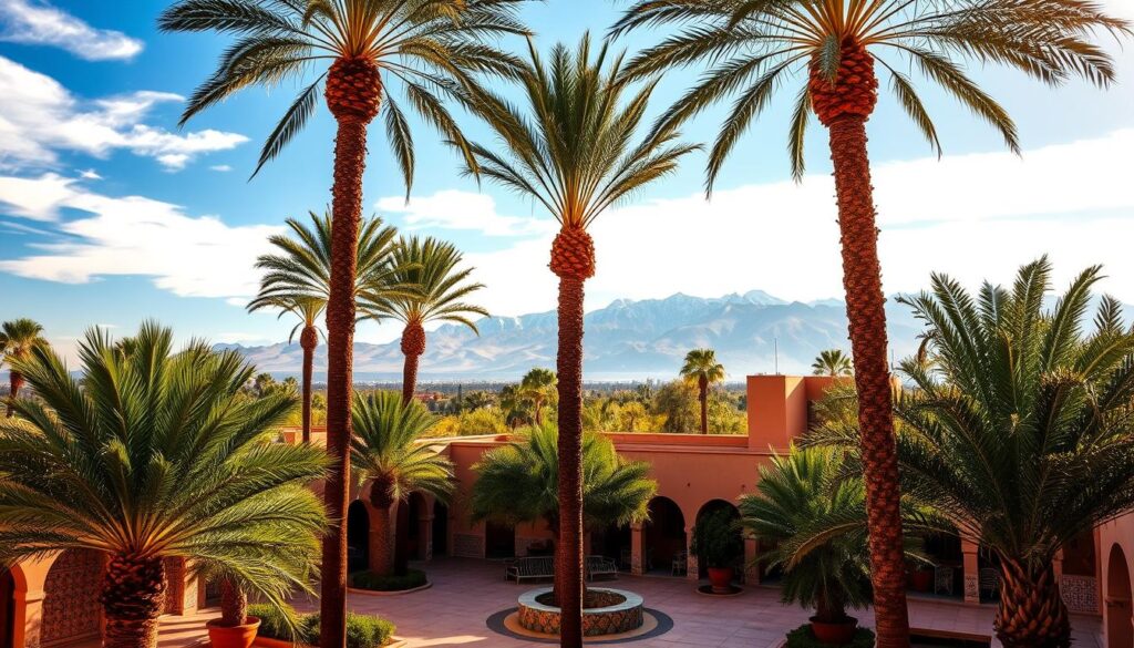 A lush oasis in the heart of Morocco, a vibrant landscape in October. Towering palm trees sway gently, their fronds casting dappled shadows on the sun-kissed courtyard below. Intricate tiles in shades of blue and ochre line the walls, reflecting the warm glow of the afternoon sun. In the distance, the snow-capped Atlas Mountains rise majestically, their peaks hinting at the rugged beauty of the land. A MyVisitMorocco experience, where the essence of Moroccan culture and the splendor of nature converge, making October the ideal time to explore this captivating destination. A lush oasis in the heart of Morocco, a vibrant landscape in October. Towering palm trees sway gently, their fronds casting dappled shadows on the sun-kissed courtyard below. Intricate tiles in shades of blue and ochre line the walls, reflecting the warm glow of the afternoon sun. In the distance, the snow-capped Atlas Mountains rise majestically, their peaks hinting at the rugged beauty of the land. A MyVisitMorocco experience, where the essence of Moroccan culture and the splendor of nature converge, making October the ideal time to explore this captivating destination.
