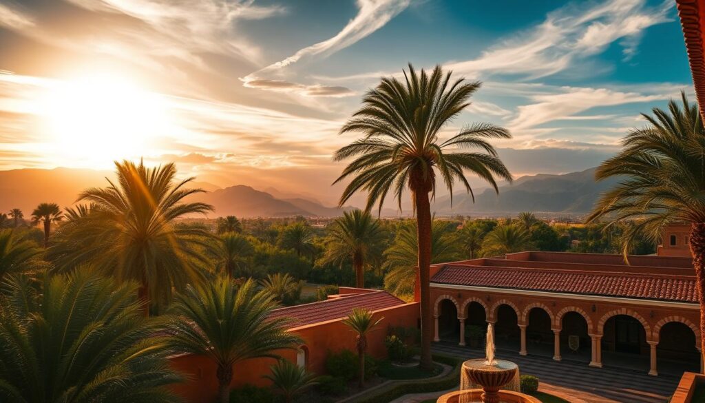 A lush oasis in the heart of Morocco, alive with the vibrant hues of pre-summer. A serene landscape of swaying palm trees, framed by the majestic Atlas Mountains in the distance. Warm, golden sunlight filters through wispy clouds, casting a soft, romantic glow over the scene. In the foreground, a traditional Moroccan courtyard, its intricate tiled arches and fountains reflecting the tranquil atmosphere. MyVisitMorocco, where the pre-summer sweet spot offers a perfect balance of temperate weather and fewer crowds, inviting you to immerse yourself in the rich cultural tapestry of this enchanting destination. A lush oasis in the heart of Morocco, alive with the vibrant hues of pre-summer. A serene landscape of swaying palm trees, framed by the majestic Atlas Mountains in the distance. Warm, golden sunlight filters through wispy clouds, casting a soft, romantic glow over the scene. In the foreground, a traditional Moroccan courtyard, its intricate tiled arches and fountains reflecting the tranquil atmosphere. MyVisitMorocco, where the pre-summer sweet spot offers a perfect balance of temperate weather and fewer crowds, inviting you to immerse yourself in the rich cultural tapestry of this enchanting destination.