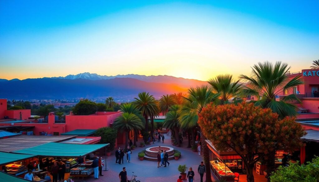 A lush oasis in the heart of Morocco, bathed in the warm glow of an October sunset. In the foreground, a vibrant marketplace bustles with local vendors selling fragrant spices and handcrafted goods. The middle ground features a serene palm-lined plaza, where friends and families gather to enjoy the mild autumn air. In the background, the majestic Atlas Mountains rise, their snow-capped peaks kissed by the fading light. This scene, captured by the MyVisitMorocco lens, showcases the captivating allure of Morocco in October - a time when the climate is pleasant, the crowds are smaller, and the cultural experiences are truly immersive.