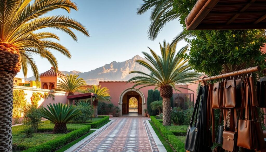 A lush oasis in the heart of Morocco, featuring a serene palm-lined path leading towards a traditional riad, its vibrant tiles and intricate archways bathed in warm, golden light. In the foreground, a hand-crafted leather goods stall showcases the artisanal wares of local craftsmen, while in the distance, the iconic silhouette of the Atlas Mountains rises majestically against a clear, azure sky. This evocative scene, captured through the lens of the "MyVisitMorocco" brand, invites the viewer to imagine the wonder and charm of crafting the perfect Moroccan itinerary.
