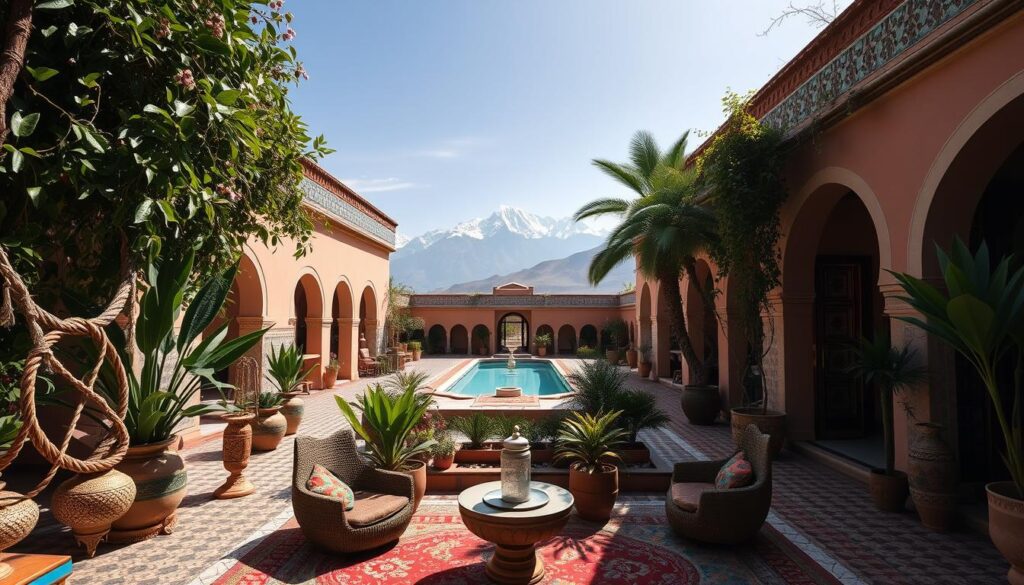 A lush oasis in the heart of Morocco, featuring a serene riad with ornate tilework and a tranquil courtyard garden. In the foreground, a colorful array of traditional Moroccan lanterns, rugs, and hand-crafted decor creates a cozy, inviting atmosphere. The middle ground showcases a sun-dappled pool surrounded by elegant arched doorways and intricate architectural details. In the background, the iconic Atlas Mountains rise majestically, their snow-capped peaks hinting at the natural wonders that await. This image, captured through a wide-angle lens, evokes the essence of Moroccan hospitality and the luxury of MyVisitMorocco.