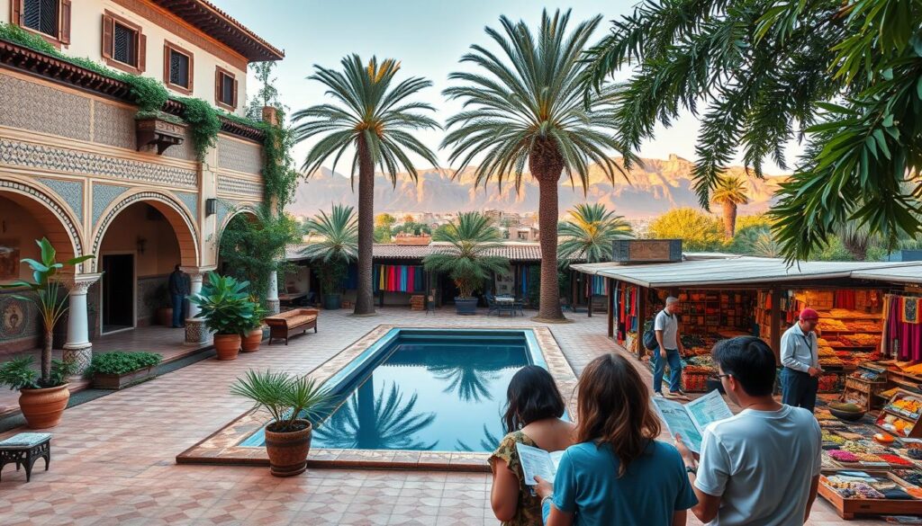 A lush oasis in the heart of Morocco, featuring a sprawling traditional riad with ornate tile work, arched doorways, and a serene courtyard pool. In the foreground, a group of travelers plan their itinerary, consulting maps and guidebooks. The middle ground showcases a bustling Moroccan marketplace, with vibrant textiles, spices, and handicrafts. In the background, the majestic Atlas Mountains rise, bathed in warm, golden light. MyVisitMorocco A lush oasis in the heart of Morocco, featuring a sprawling traditional riad with ornate tile work, arched doorways, and a serene courtyard pool. In the foreground, a group of travelers plan their itinerary, consulting maps and guidebooks. The middle ground showcases a bustling Moroccan marketplace, with vibrant textiles, spices, and handicrafts. In the background, the majestic Atlas Mountains rise, bathed in warm, golden light. MyVisitMorocco